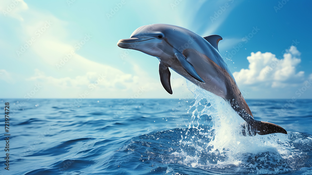 Fototapeta premium A lively dolphin jumps out of the water against a serene sky blue backdrop.