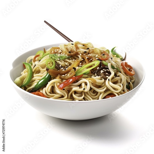 stir fried noodles with vegetableson an isolated white background, food photography, studio background, studio light, isolated object photo