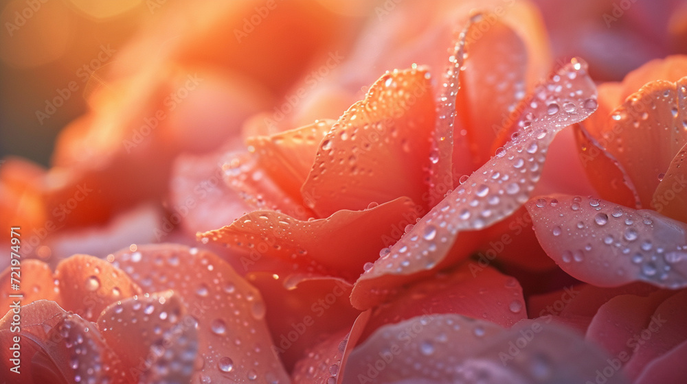 A close-up of dew-kissed petals in a warm garden at dawn, highlighting the freshness and tranquility of the morning A close-up of dew-kissed petals in a warm garden at dawn, highlighting the freshness and tranquility of the morning
