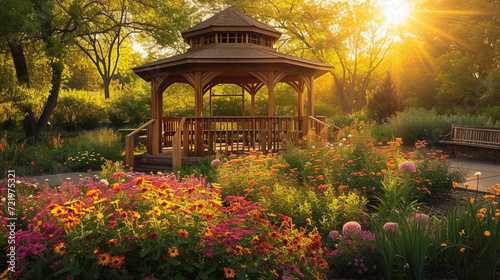 A sunlit gazebo surrounded by warm flowers in bloom, inviting visitors to relax and immerse themselves in nature's beauty