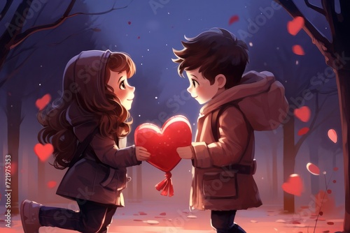 Cartoon boy and girl holding heart shape balloon. Valentines day concept. Cute girl and boy at night in the park holding the same heart and expressing their love to each other