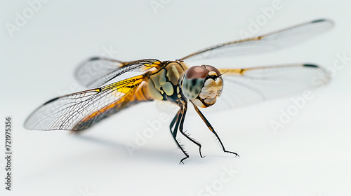 A captivating eye-level shot of a dragonfly in perfect focus, with a shallow depth of field, showcasing the delicate details of its wings. © stocker