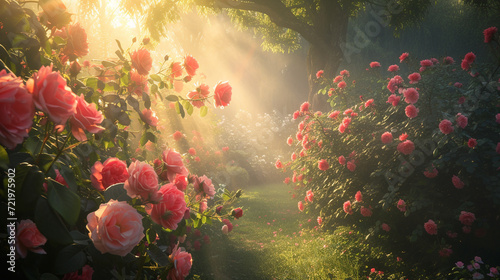 A sun-drenched rose garden with fragrant blooms, emanating warmth and enchantment in the soft morning light