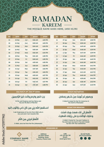Ramadan Kareem Hijri Islamic Monthly Calendar Template Design photo