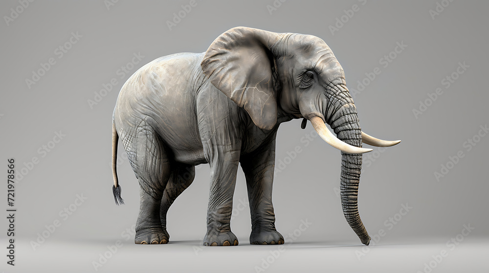 A charming 3D rendered elephant portraying gentleness and wisdom, set against a serene soft gray backdrop.