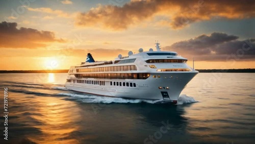 cruise ship navigating smoothly across the ocean with beautiful sunset photo