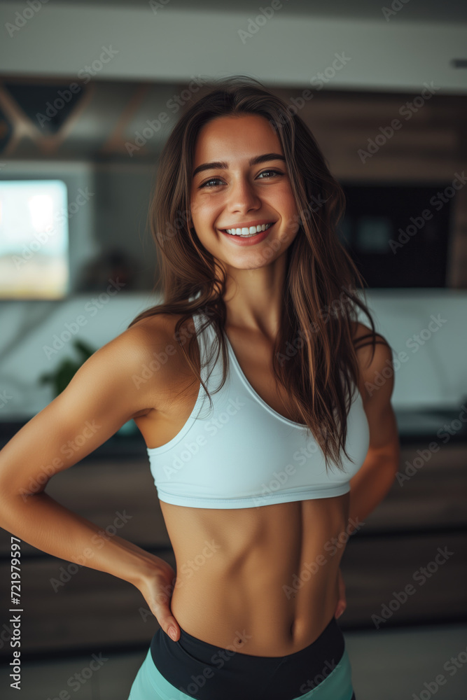 Happy sportswoman exercising at home and looking at camera Happy sportswoman exercising at home and looking at camera