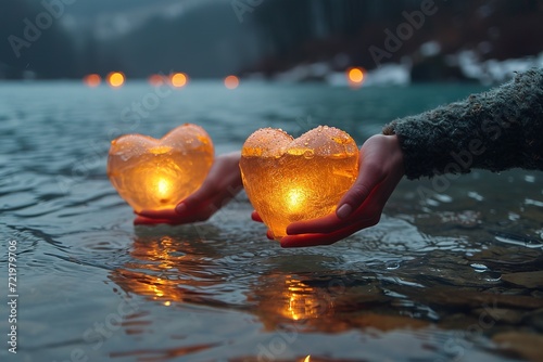 Hands releasing heart-shaped lanterns on a lake at dusk