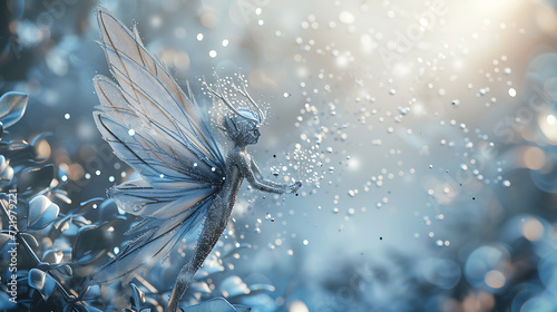 A mesmerizing 3D fairy in a delightful and magical style, set against a shimmering silver background.