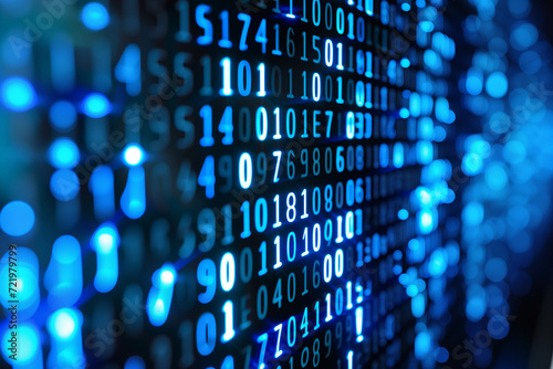 Computer code illustration of glowing numbers over dark background representing digital data technology