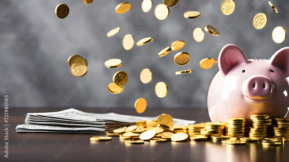 It is an image of a piggy bank, money, gold bars, and gold coins coming ...