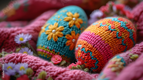 Handmade crocheted easter eggs on a knitted plaid. Happy Easter concept. Colorful easter eggs in knitted style. © mandu77