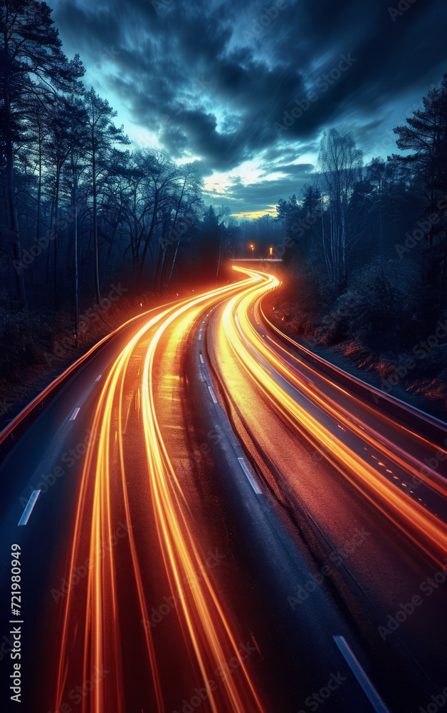 Acceleration speed motion on night road - car, light, long exposure.