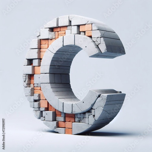 C letter shape created from concrete and briks. AI generated illustration