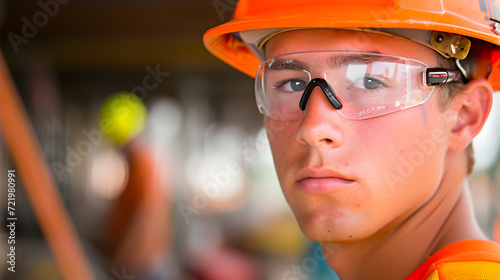 Portrait of a young male construction worker wearing safety helmet and safety glasses
