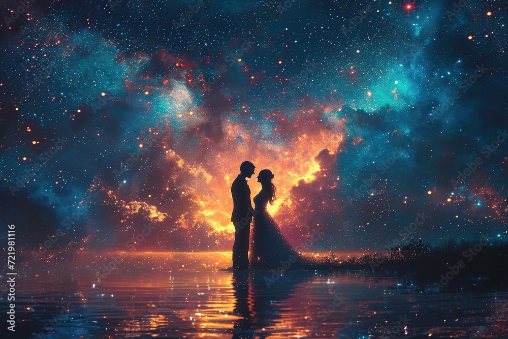 Illustration of a bride and groom dancing under a starry sky - obrazy, fototapety, plakaty 