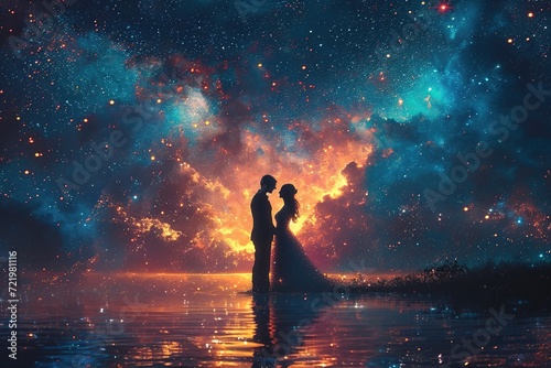 Illustration of a bride and groom dancing under a starry sky photo