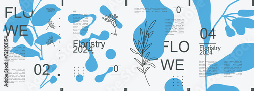 Floral modern banner with trendy minimalistic typography design. Poster templates with leaves and twigs silhouettes, abstract geometric shapes and liquid forms, text elements. Vector illustration.