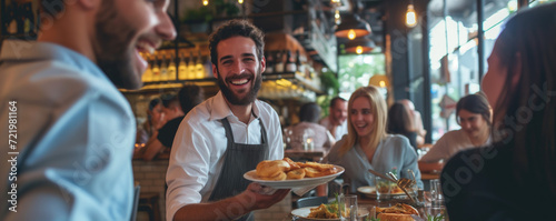 Happy waiter serving food to group of friends in a pub
