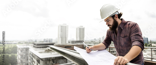 An architect foreman wearing a hard hat carefully studies the building plans on the roof while overseeing an outdoor construction project. Copy space. Banner