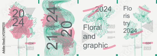 Floral modern banner with trendy minimalist typography design. Poster templates with blooming iris graphic silhouettes, abstract geometric line grids with waves, text elements. Vector illustration.