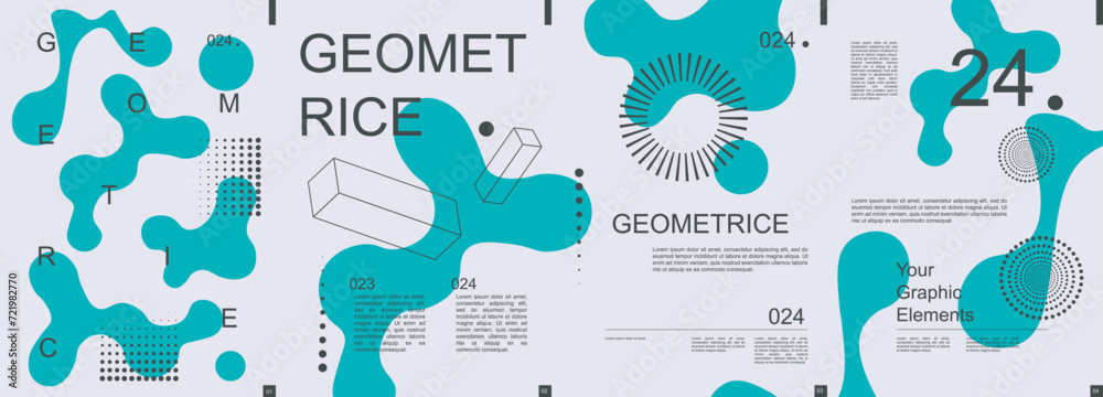 Geometric modern banner with trendy minimalist typography design. Poster templates with abstract dynamic liquid shapes, graphic line cubes, circle dots grids and text elements. Vector illustration. - obrazy, fototapety, plakaty 