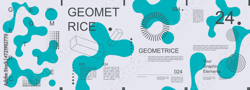Geometric modern banner with trendy minimalist typography design. Poster templates with abstract dynamic liquid shapes, graphic line cubes, circle dots grids and text elements. Vector illustration.