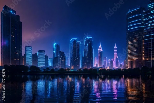 A futuristic city skyline at dusk  with illuminated skyscrapers reflecting in the calm waters of a winding river