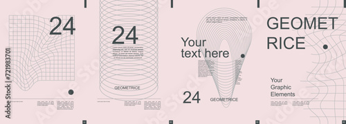 Geometric modern banner with trendy minimalist typography design. Poster templates with dynamic mesh shapes, fractal lines in cylindrical and abstract forms and text elements. Vector illustration.