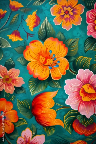 Colorful Floral Painting on a Teal Background - Folklore Motifs in Canvas Shaped Light Fabrics Art Wallpaper created with Generative AI Technology