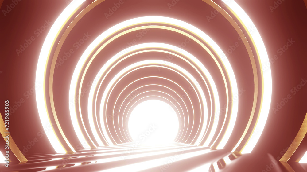 3D rendering of an empty red tunnel corridor. Abstract interior curved geometric structure design for commercial background display.