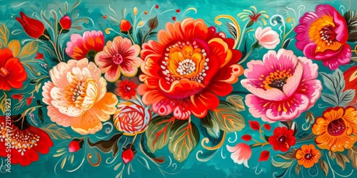 Colorful Floral Painting on a Teal Background - Folklore Motifs in Canvas Shaped Light Fabrics Art Wallpaper created with Generative AI Technology