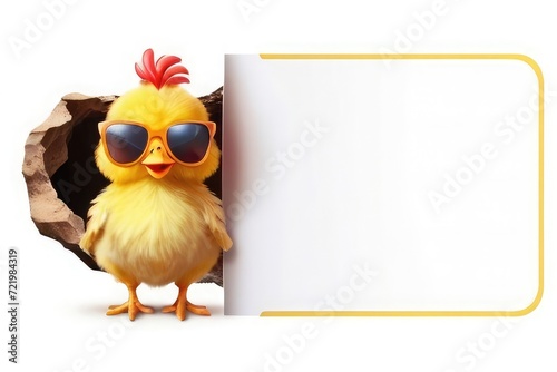 Funny cute baby chick with sunglasses egg with blank paper. chicken and blank white banner with yellow funny chicken 