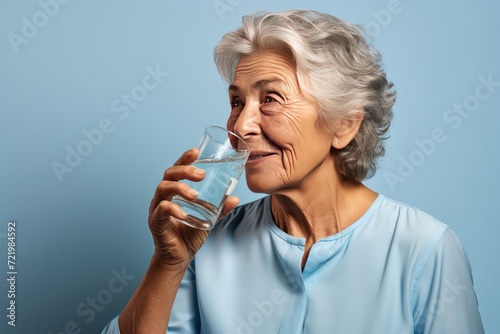 Drink water. senior woman with glass of fresh water portrait on blue background