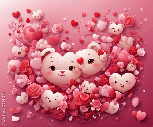 Valentine s Day background with hearts and cute bears. Vector illustration.
