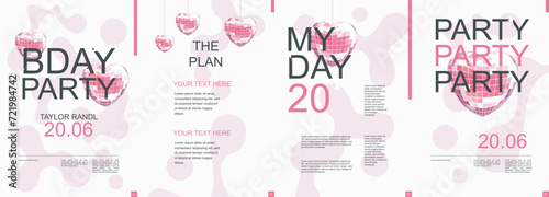 Birthday party modern banner with trendy minimalist typography design. Poster templates with pink glowing disco balls in heart shape, abstract liquid shapes and text elements. Vector illustration.