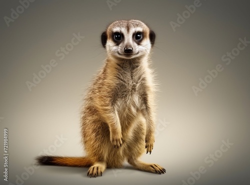 Meerkat standing upright, showcasing its detailed fur and alert posture against a gradient background. © burntime555