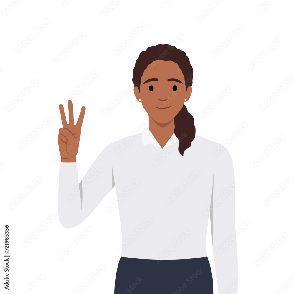Young woman Character raise his hand to show the count number 3. Flat vector illustration isolated on white background Young woman Character raise his hand to show the count number 3. Flat vector illustration isolated on white background