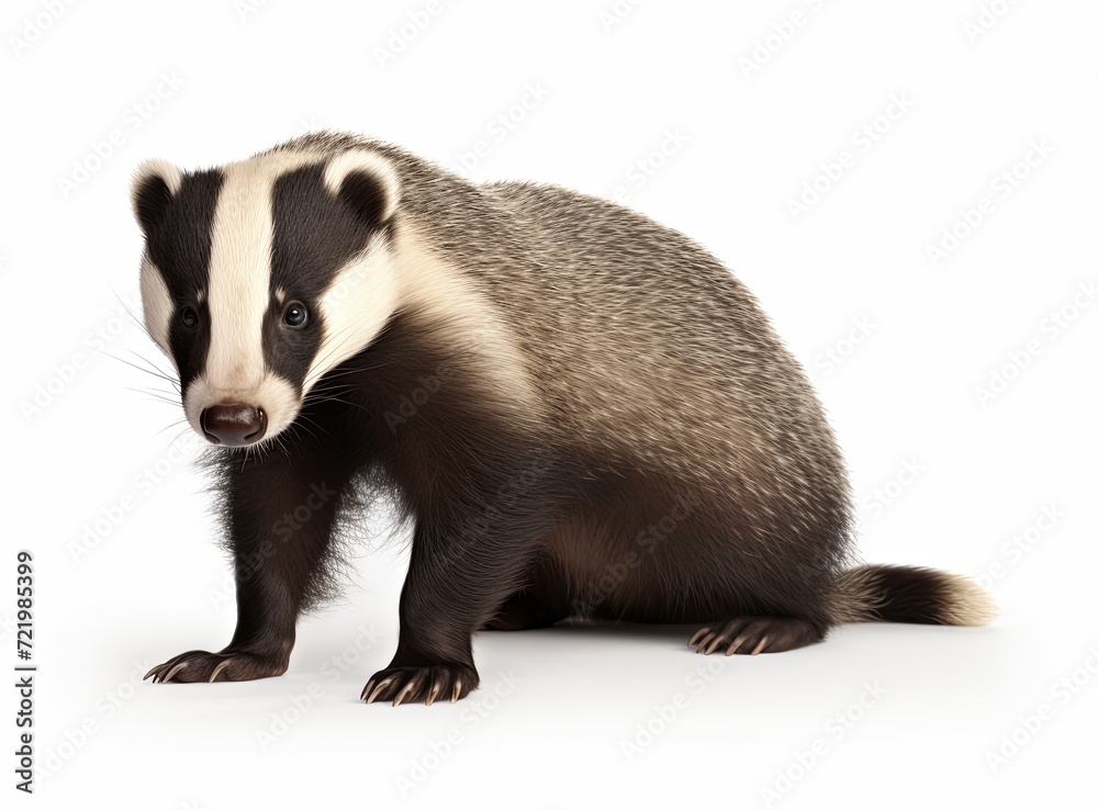 A badger standing on all fours with its head turned to the side against a white background. A badger standing on all fours with its head turned to the side against a white background.