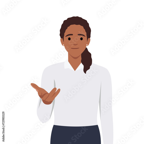 Young woman standing and talking with hand gesture trying to convict. Ask people to join. Flat vector illustration isolated on white background