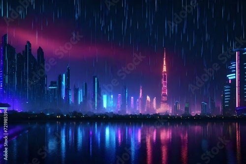 A futuristic city skyline at night, with neon lights casting vibrant reflections on the rain-soaked streets