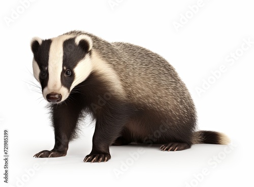 A badger standing on all fours with its head turned to the side against a white background.