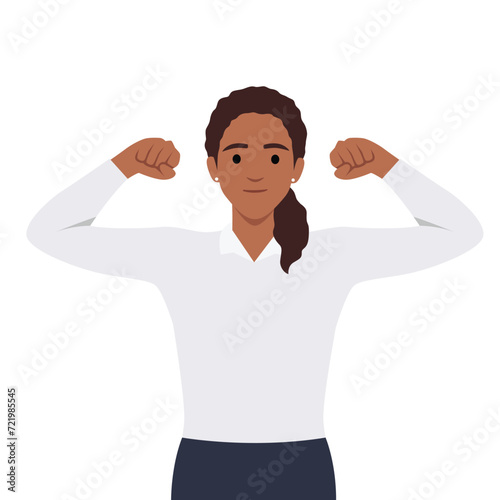 Strong smiling business woman stand raising hands, pumping fists, celebrating achievement success. Successful businesswoman. Flat vector illustration isolated on white background