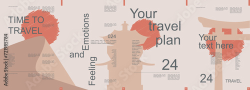 Travel modern banner with trendy minimalist typography design. Poster templates with china architecture and worldwide landmarks and text elements for vacation tour and travelling. Vector illustration.