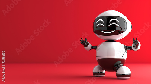 A smiling, futuristic robot with round eyes and a playful demeanor, set against a vibrant red background.