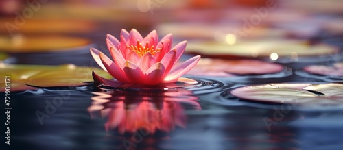 Red lotus water lily blooming on water surface with sunshine