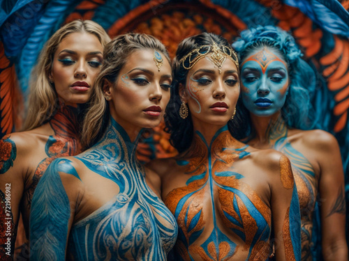 Beautiful woman models wearing and showcasing different attire and body paint.