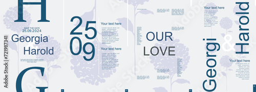 Wedding modern banner with trendy minimalist typography design. Poster templates with elegant hydrangea flower with leaves silhouettes and text elements for ceremony invitation. Vector illustration.