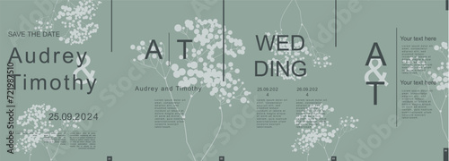 Wedding modern banner with trendy minimalist typography design. Poster templates with elegant abstract simple flower twig silhouettes and text elements for ceremony invitation. Vector illustration.