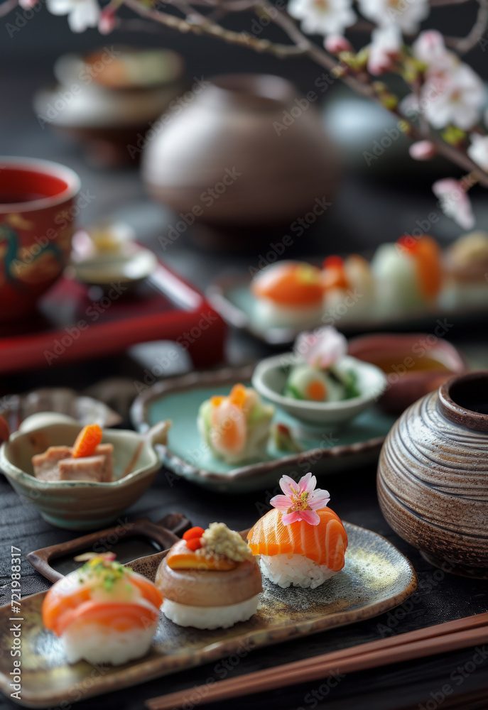 Artistically arranged Japanese kaiseki meal